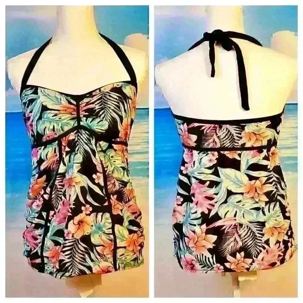BEACH BUMP Floral MATERNITY Swim TANKINI TOP Bathing Suit HALTER Tie size Lg